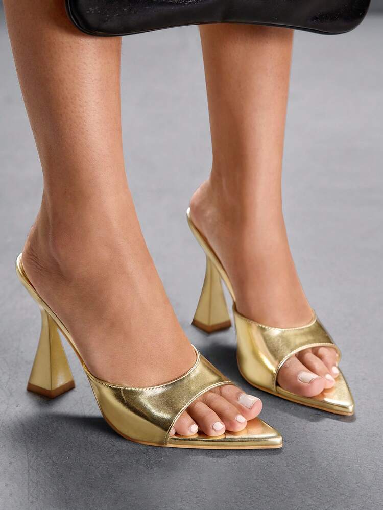 CUCCOO SZL Women's Pointed Toe Gold High Heel Slide Sandals, Fashion Daily Wear Valentine's Day