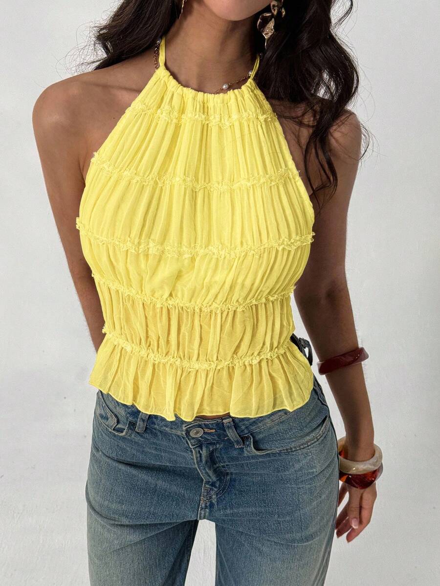 Aloruh Women's Solid Color Halter Neck Spaghetti Strap Ruffle Hem Camisole - Yellow - View 1