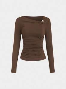 Sweetra 复古美式设计不对称肩部 T 恤，修身时尚女式秋季 T 恤 - 棕色 - 查看 3