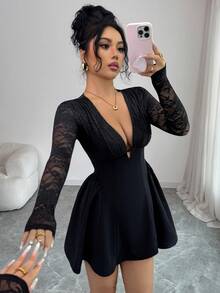 SHEIN Tall 优雅黑色蕾丝拼接针织面料弹力深V领长袖修身迷你连衣裙，适合单身派对、舞会等场合。 - 黑色 - 查看 3