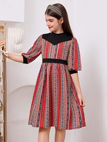 SHEIN Vestido para rapariga tween estilo boémio com gola alta, mangas pétala e riscas - Preto - Ver 6
