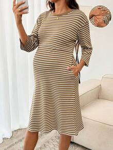 SHEIN 孕婦條紋圓領落肩口袋休閒哺乳洋裝，居家服，柔軟休閒長袖洋裝，曲線剪裁 - 藍色 - 查看 6