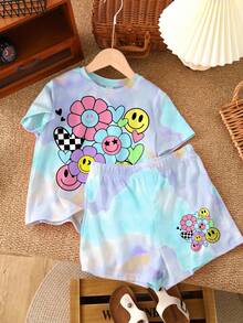 Bộ 2 áo thun tay ngắn và quần short in họa tiết hoa, trái tim, da báo dành cho bé gái tuổi teen, phong cách tối giản, thường ngày, phù hợp cho mùa hè, bãi biển, cổ điển, hoài cổ, thường ngày, kỳ nghỉ, dễ thương, Y2K, cô gái dừa, phong cách Boho, lễ hội âm nhạc - Nhiều màu - Xem 2