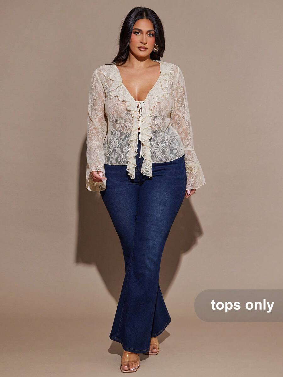 SHEIN BAE Áo thun tay dài xếp nếp màu mơ mùa hè cỡ lớn gợi cảm lãng mạn, áo du lịch nghỉ dưỡng, ngày lễ tình nhân, áo công chúa sinh nhật phong cách boho đi làm hàng ngày - Màu be - Xem 1