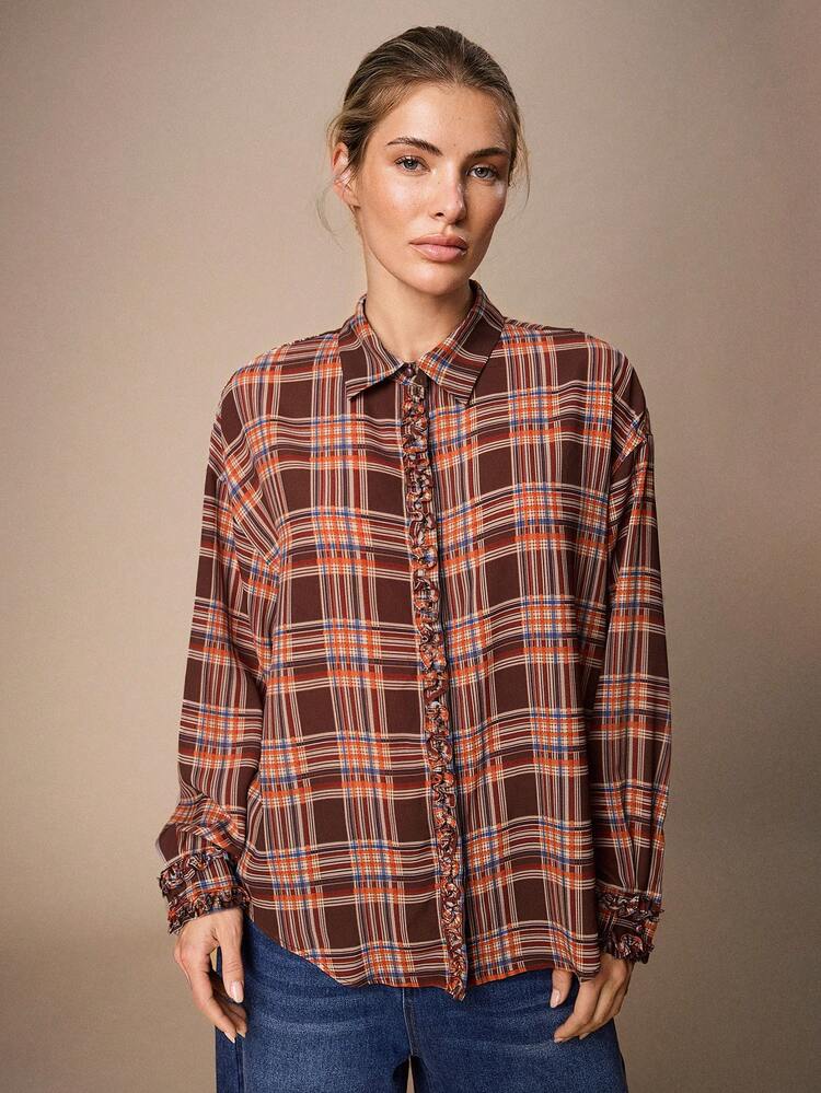 SHEIN Maija Koszula w kratę z długim rękawem, swobodna, do pracy, jesień