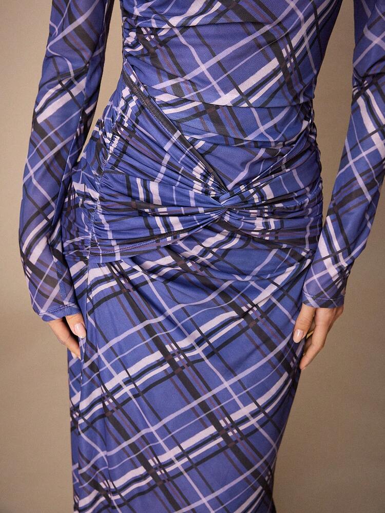SHEIN Maija Women's Casual Plaid Ruffle Long Sleeve Dress,Spring Checkered Dress Plaid Dress Women