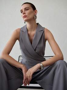 MOTF PREMIUM WOMEN'S PEAK COLLAR FOLD PLEATED SLEEVELESS LONG WIDE LEG JUMPSUIT, SPRING/SUMMER - Grey - View 4