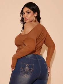 SHEIN BAE Áo nữ cỡ lớn, thiết kế nơ lưới, thích hợp cho ngày lễ tình nhân, mùa hè, tiệc tùng, thanh lịch, sinh nhật, mùa thu - Rỉ Nâu - Xem 2