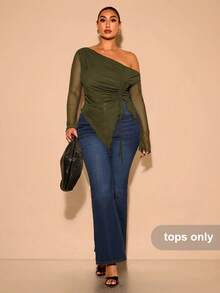 SHEIN BAE Áo lưới dáng rộng dành cho nữ, có dây rút bên hông, thanh lịch, thích hợp cho các buổi tiệc tùng, mùa hè, sinh nhật và nhiều dịp khác. - xanh quân đội - Xem 7