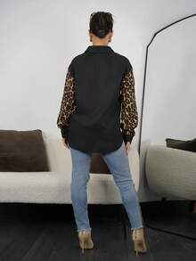 SAYEHFBABY 女士豹纹拼布长袖休闲衬衫，简约复古风女衬衫，街头风女衬衫，豹纹衬衫 - 黑色 - 查看 2