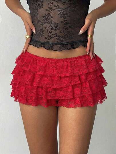 Aloruh Women's Sexy Punk Rock Bohemian Music Festival Y2K Black Lace Layered Ruffle Super Short Shorts, New Lace Ultra Low-Waist Shorts Ruffled Shorts Red Ruffle Skirt