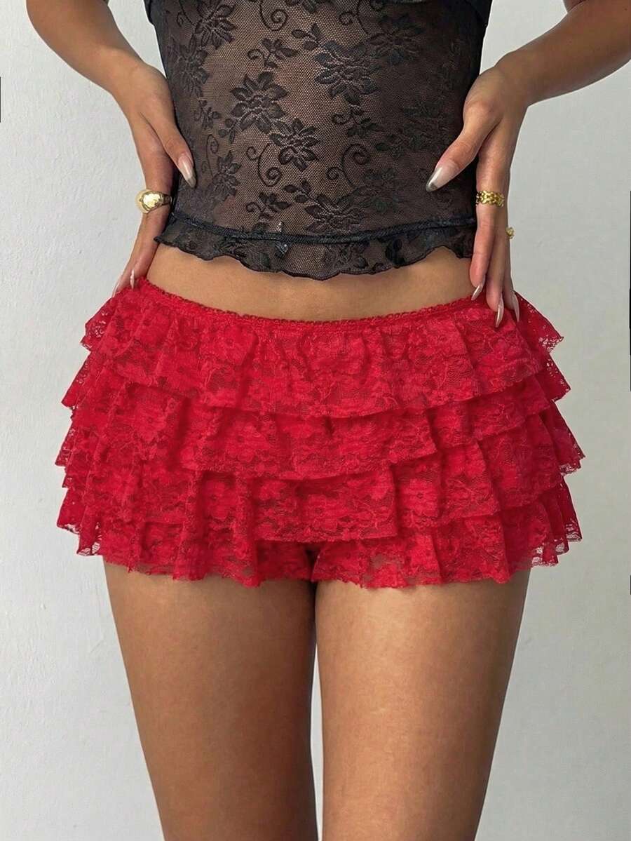 Aloruh 女士性感朋克摇滚波西米亚音乐节Y2K黑色蕾丝层叠荷叶边超短裤，新款蕾丝超低腰短裤 - 紅色 - 查看 1