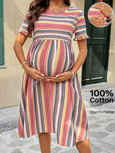 SHEIN Maternity Clothes Maternity Dress Leisure Vacation Summer Colorful Striped Short-Sleeved Dress With Ruffled Trim, Front Zipper, Nursing Dress, Cotton Dress