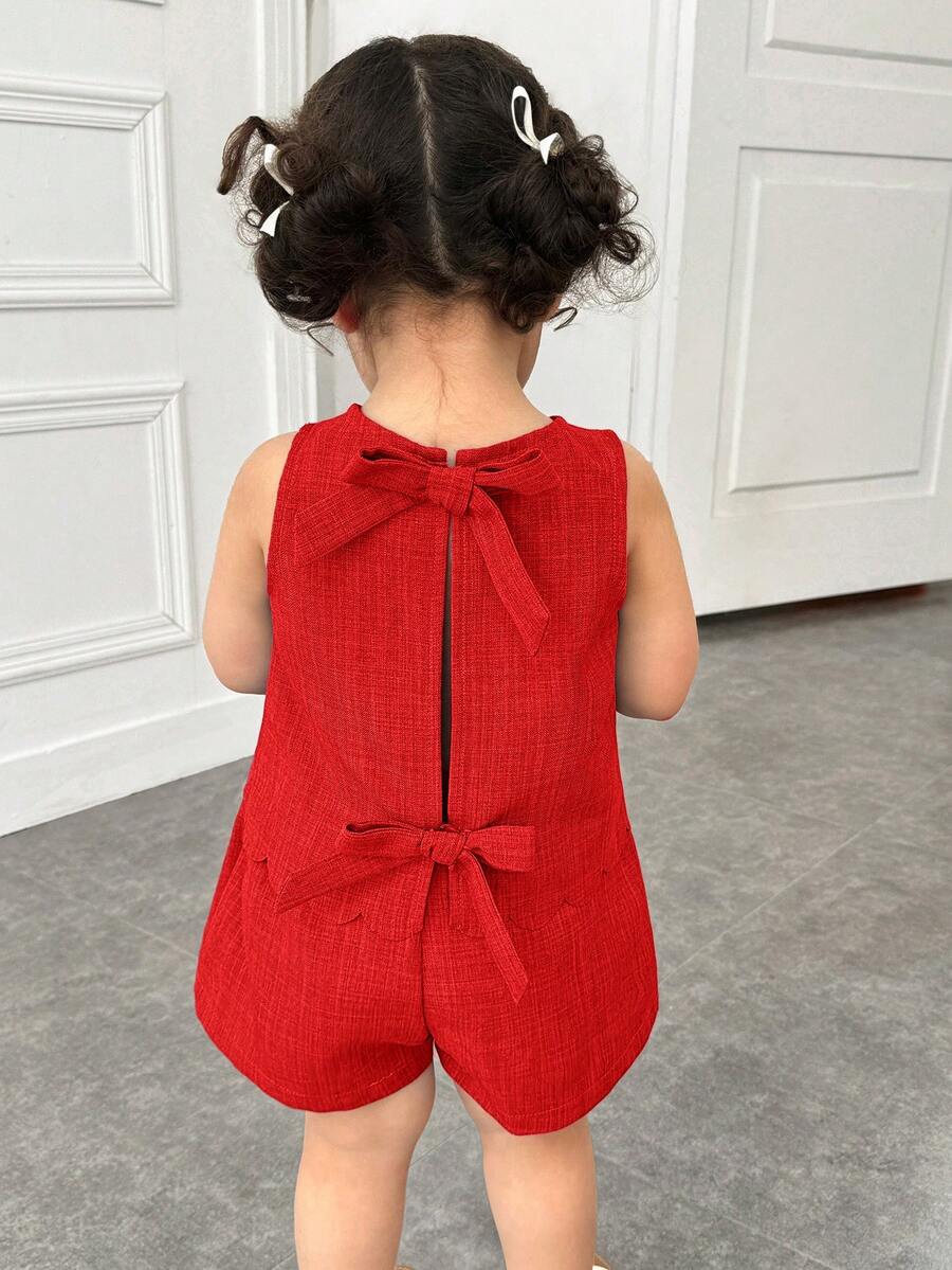2pcs/Set Baby Girls' Casual Solid Color Round Neck Top With 3D Bow Decor On Back And Shorts Set, Blue - Red - View 1