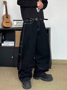 STEELVANCE 休闲街头风纯色刺绣后袋宽松阔腿牛仔裤 - 黑色 - 查看 5