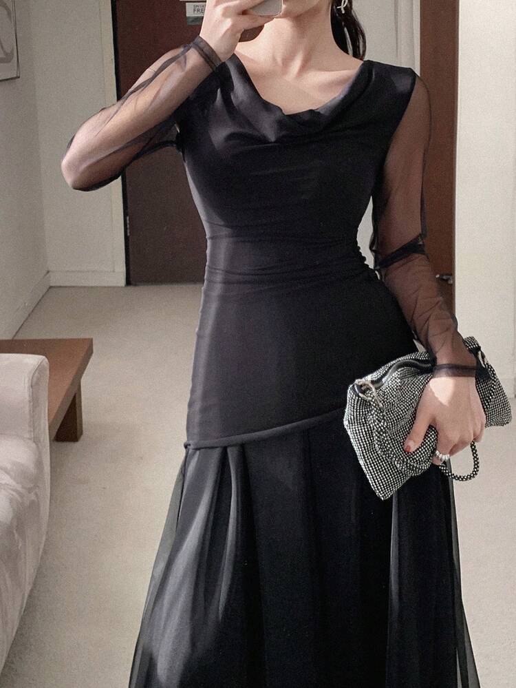Women's Elegant Mesh Patchwork Mid-Length Dress Sundress