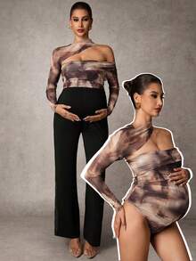 MaterniChic 孕妇斜领长袖褶皱连体裤，时尚修身款