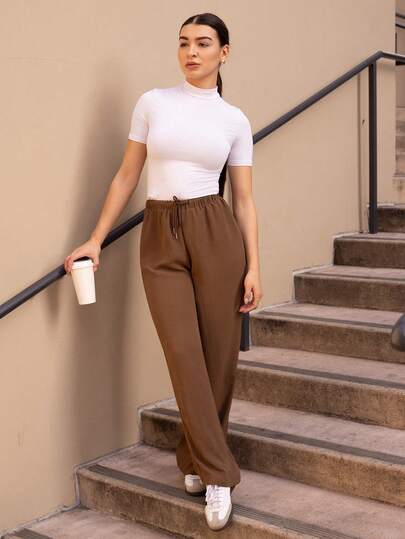 Andrea Bello 女士休闲纯色抽绳腰直筒阔腿裤/慢跑裤/运动裤/宽松裤