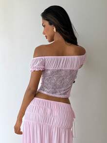 Aloruh Women's Valentine's Day Solid Pink Lace Contrast Mesh Off-Shoulder Petal Sleeve Ruched Hem Top - Baby Pink - View 2