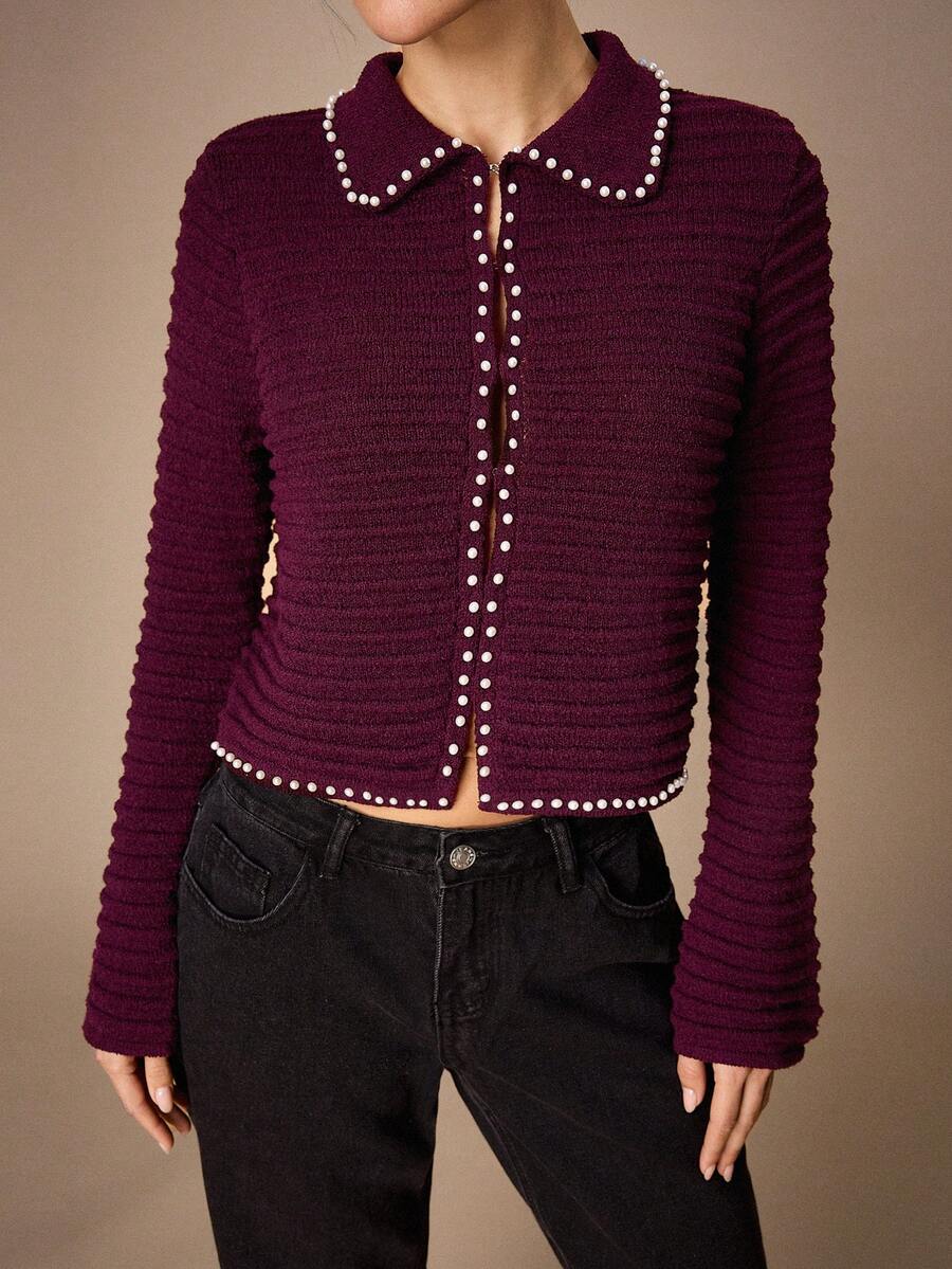 Maija Áo khoác cardigan dệt kim dài tay mỏng nhẹ màu trơn dành cho nữ, trang trí giả ngọc trai. - Màu Đỏ Sâu - Xem 1