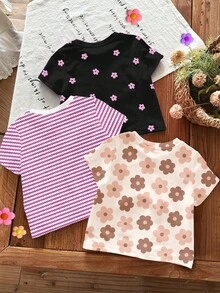 SHEIN LMoss Kids 3件套可爱花卉系列奶油白、粉色条纹、黑色圆领短袖基础款T恤，适合日常、居家、度假、搭配，轻松舒适，可叠穿，时尚女孩，休闲装，儿童花卉图案服装，别致秋季，时尚冬季，新款，清凉舒适 - 彩色 - 查看 2