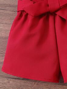 SHEIN 3件套女婴针织纯色开衫、针织连体衣和帽子套装 - 酒紅色 - 查看 4