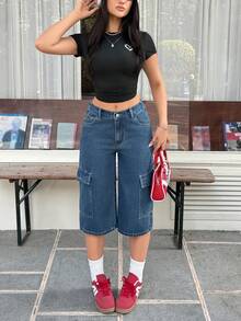 Rivivi Women's Casual Washed Straight Leg Cargo Capri Jeans - Dark Wash - View 5