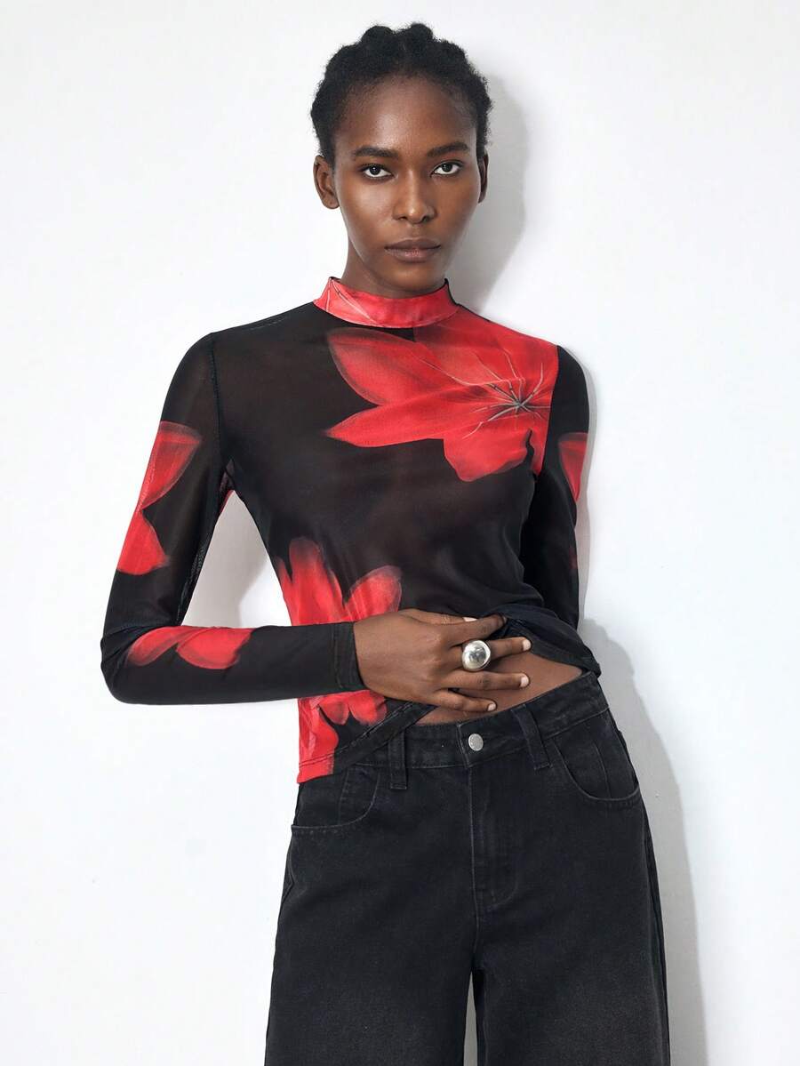 Maija Women's Floral Print Mandarin Collar Long Sleeve Fashionable Blouse - Red - View 1