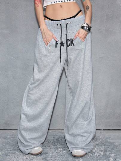 ROMWE Avant Vintage Letter Print Drawstring Loose Straight Leg Maxi Sweatpants For Women
