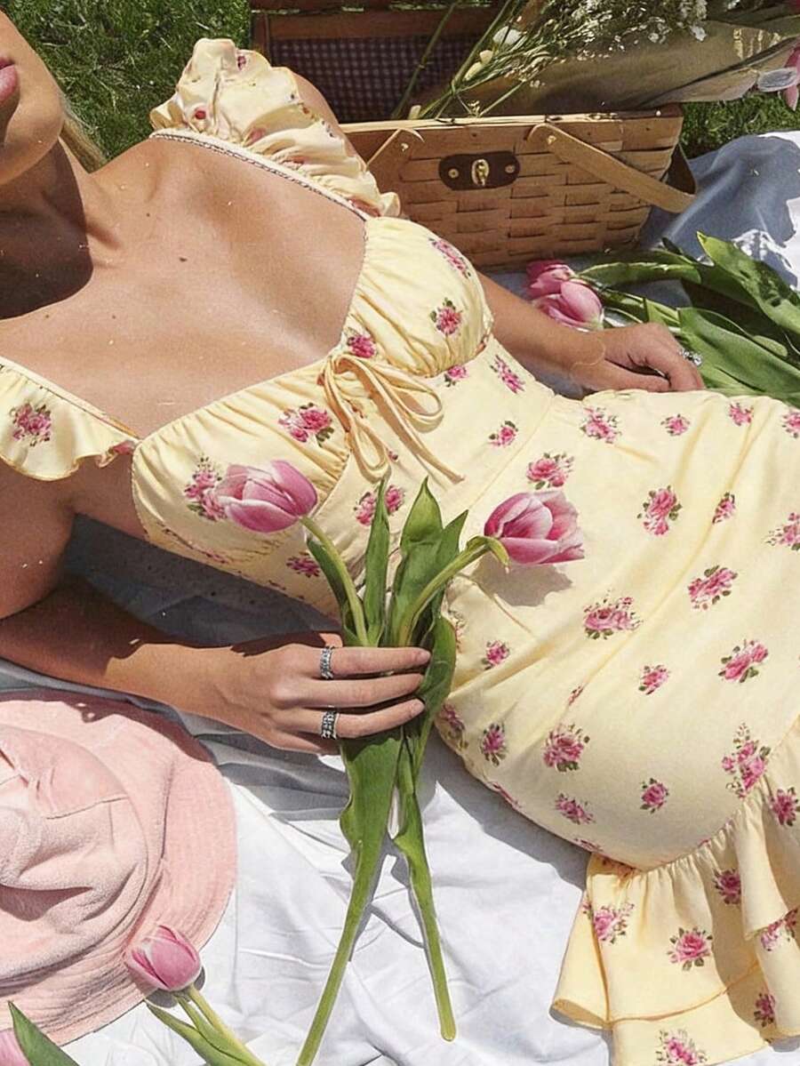 Skyraze Women's Floral Print Cap Sleeve Dress,Pale Yellow Summer Casual Party Picnic Holiday,Valentine's Day Beach Vacation Tea Party Outfit,Spring - Yellow - View 1