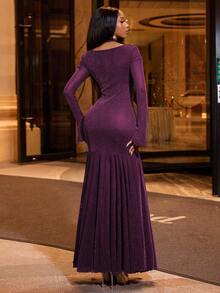 Lureya Women's Fashion Cold-Shoulder Ruched Bodycon Dress With Glittery Mesh Neck, Elegant Party Wear, Ruffle Long Sleeve, Stretchy Fitted Dress - Purple - View 2