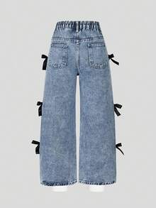 SHEIN ChillGRL Quần jeans ống đứng phong cách Y2K dành cho bé gái, điểm nhấn là nơ bên hông, thời trang và thoải mái, phù hợp cho mọi mùa. - Màu xanh ngọc - Xem 2
