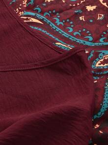Linhara Plus Size Women's Burgundy Autumn Boho Blouse,Faux Linen Print Patchwork Button Decor Round Neck 3/4 Sleeve Blouse,Vacation Holiday Winery - Multicolor - View 6