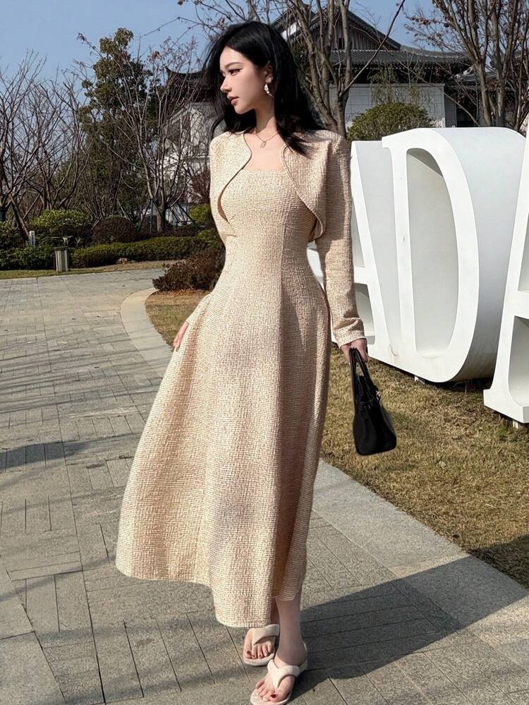 2pcs/Set Women Spring Shawl Collar Patchwork Cropped Top And Spaghetti Strap Dress, Elegant For Valentine's Day, Wedding, Party, Formal Occasion