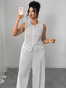 Elenzga 大码女式休闲黑白条纹纹理宽松两件套裤装，春秋季 - 黑與白 - 查看 5