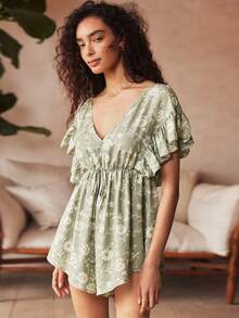 Lullawish Sage Green Women's Summer Boho Vacation Holiday Jumpsuit,Floral Print Loose Ruffled Elastic Waist V-Neck Pajamas Babydoll Ruffle Sleeve Summer Tops - Green - View 3