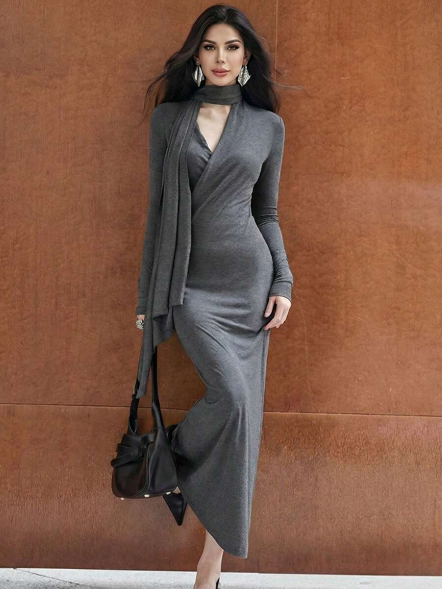 Firerie 女士优雅简约通勤休闲日常百搭新年情人节V领系带长袖灰色长连衣裙，秋冬款