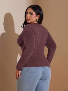 SHEIN BAE Blusa básica de manga larga con decoración de botones metálicos para mujer de talla grande - Burdeos - Ver 6