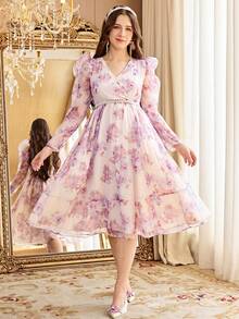 少女优雅V领羊腿袖印花收腰中长连衣裙 - 粉色 - 查看 3