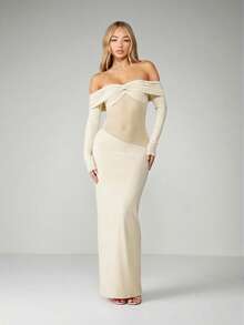 MISSGUIDED Vestido largo de fiesta formal con hombros descubiertos, mangas largas de malla y silueta ajustada - Crema - Ver 4
