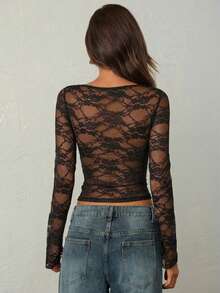 Aloruh 女士性感纯色酒红色蕾丝透视长袖上衣，秋冬款 - 黑色 - 查看 2