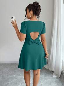 Elenzga Plus Size Solid Color Square Neck Raglan Short Sleeve Hollow Bow Decor Dress - Teal Blue - View 1