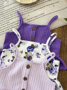 LMoss Kids 3pcs Baby Girl Knitted Solid & Ditsy Floral Camisole Top Set - Multicolor - View 7