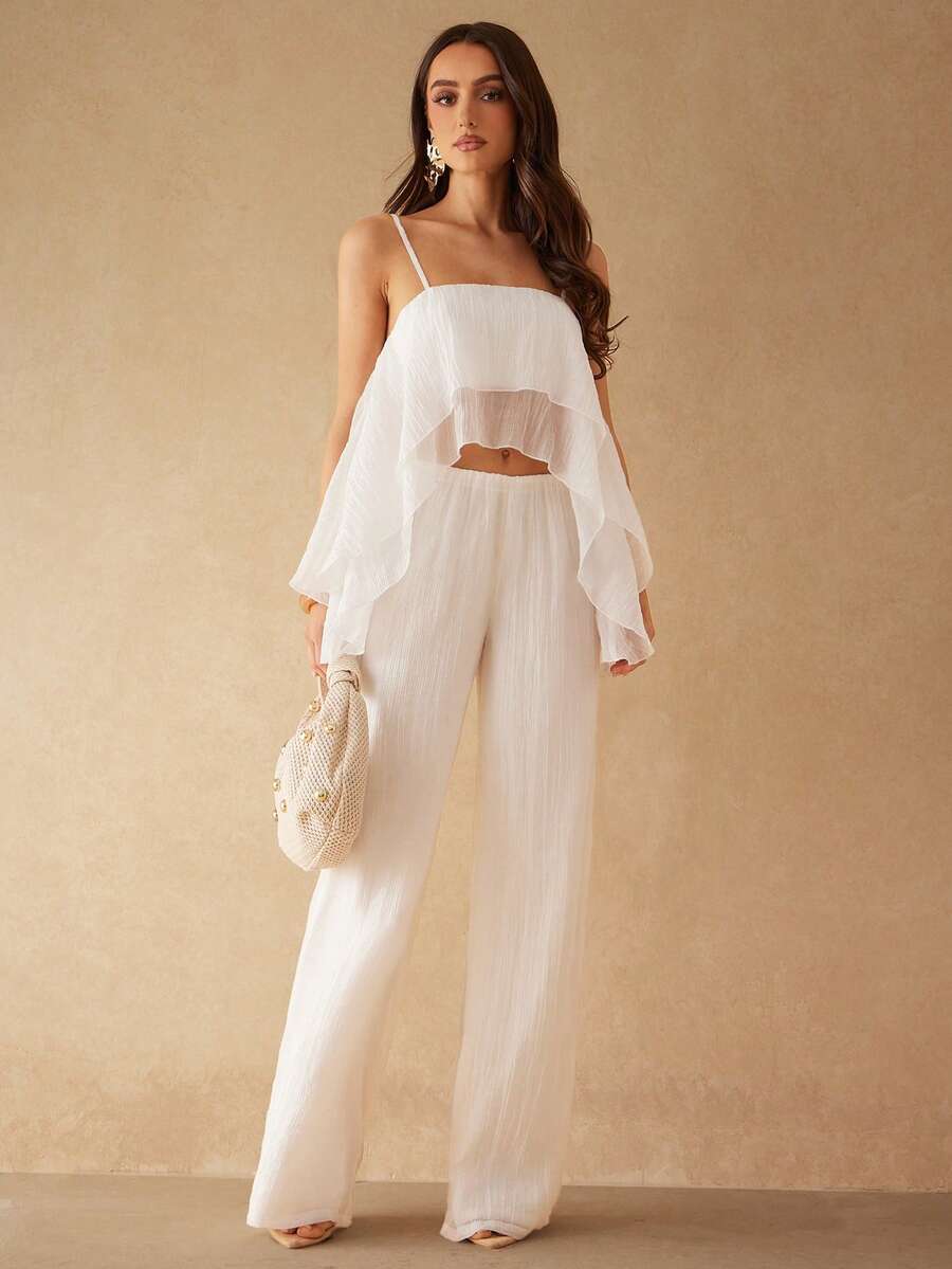 Silquee Women's White Elegant Summer Camisole,Double-Layered Asymmetrical Ruffled Hem Pleated Top For Holiday,Vacation,Beach,Party,Wedding & Everyday Wear - Apricot - View 1
