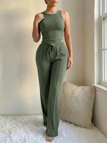 VaVaBold Solid Drawstring Tank Top & Flare Leg Pants - Army Green - View 1