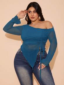 SHEIN BAE Plus Size Women Summer Holiday Party Elegant Bow Mesh Blouse Top - Teal Blue - View 4