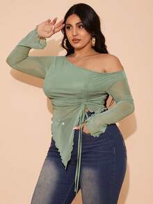 SHEIN BAE Plus Size Women Summer Holiday Party Mesh Drawstring Side Elegant Birthday Top - Mint Green - View 7