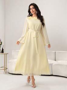 Yasmyna Women's Elegant Arabic Style Chiffon Floral Lace Tie Waist Long Sleeve Woven Dress, Spring/Summer, Yellow - Yellow - View 4