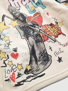 ROMWE MEN Street Life Men's Shorts With Creative Statue Of Liberty Graffiti Print - Apricot - View 4