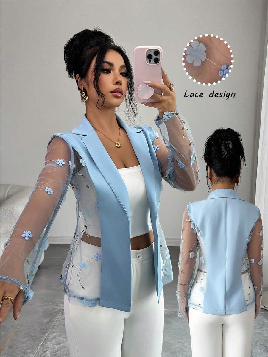 Elenzga Elegant Light Blue Sheer Blazer With 3D Floral Lace Design - Blue - View 1